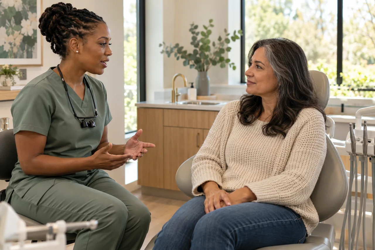 Illustrative scene of a dentist discussing treatment with a patient