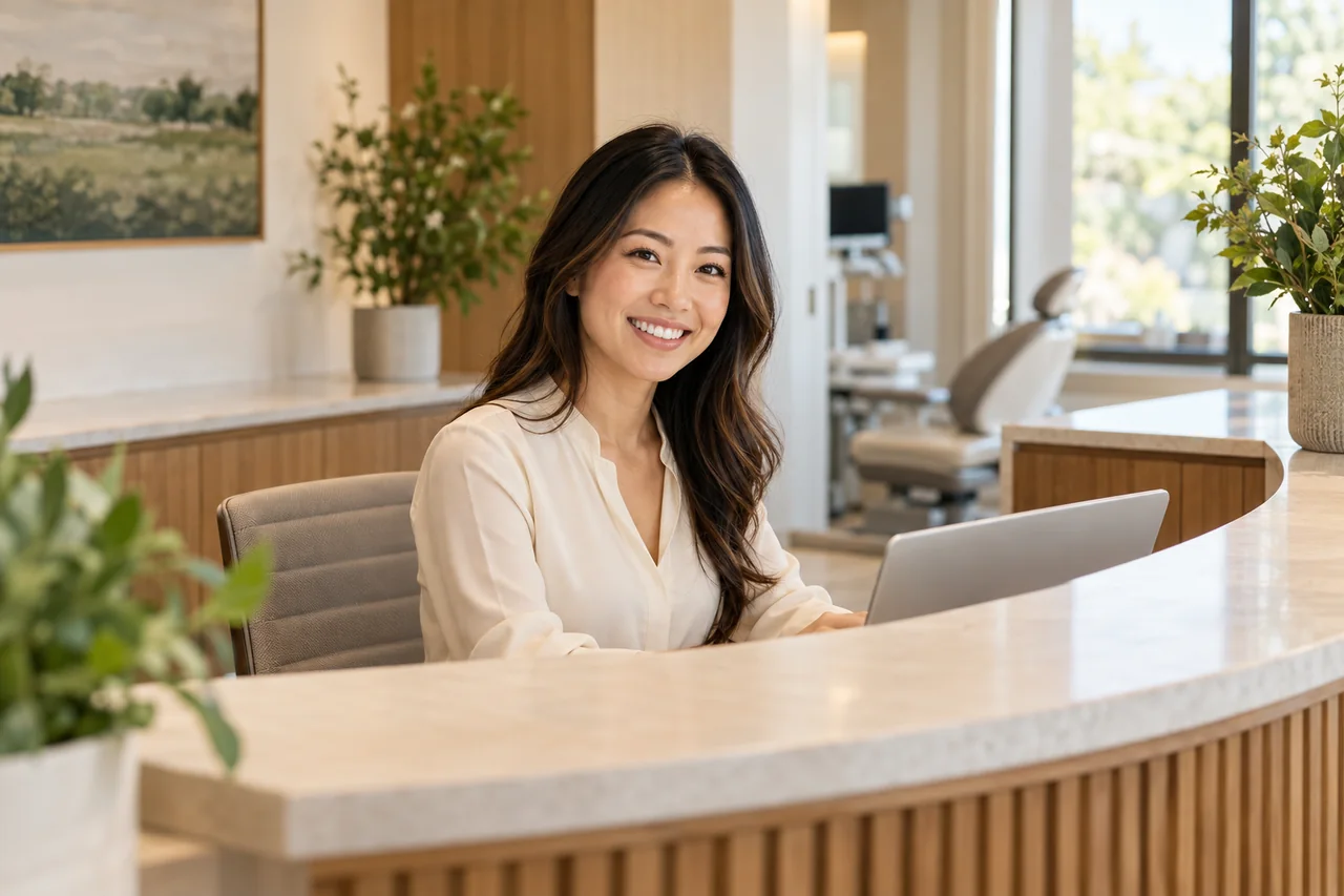 Illustrative dental care coordinator at a front desk